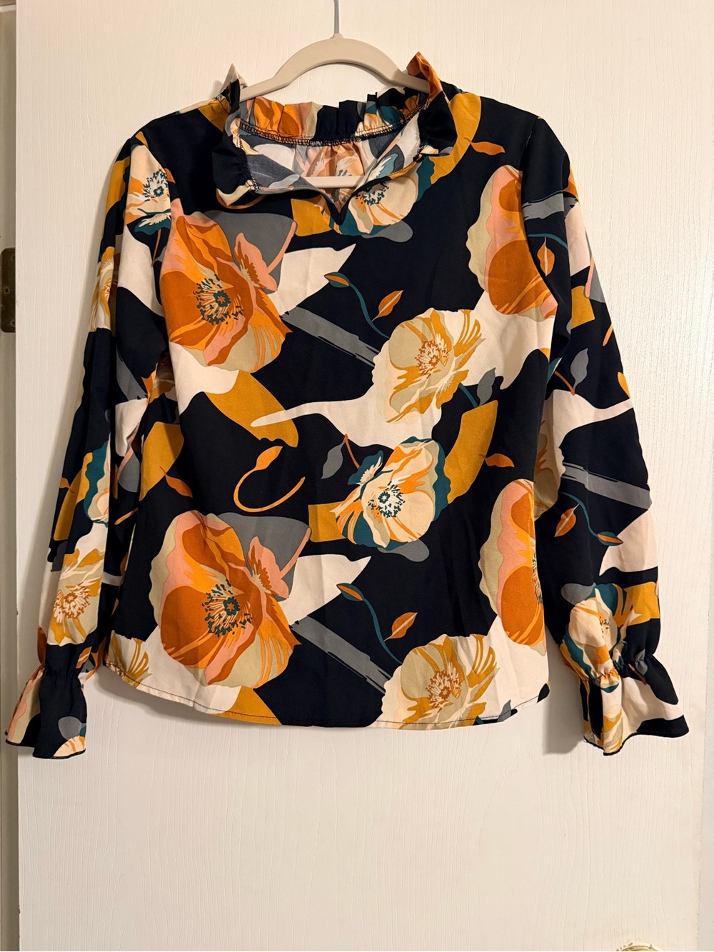 Floral Mock-Neck Long Sleeve Blouse - Black/Orange